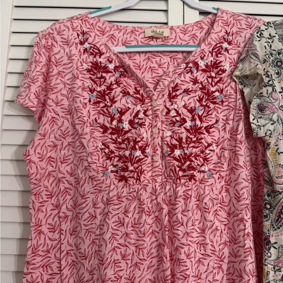 Style & Co Pink Floral Embroidered Short Sleeve Tops Girly Feminine Boho Sz L - Picture 2 of 6